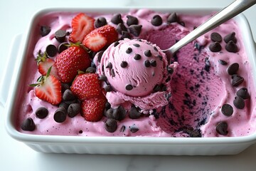 A delicious berry ice cream topped with chocolate chips and fresh strawberries served in a white rectangular bowl with a spoon