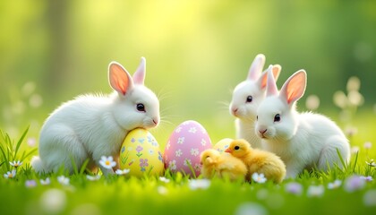 Fototapeta premium Easter Magic: Adorable Bunnies and Chicks in a Spring Wonderland