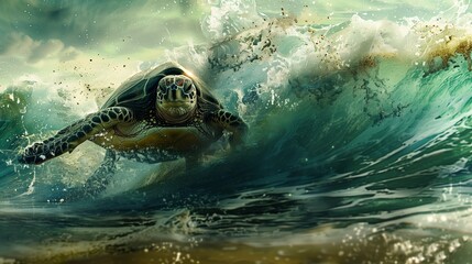 Obraz premium A high-energy shot of a sea turtle flipping through a cresting wave