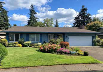 Charming Single-Story Blue House with Lush Green Lawn and Colorful Flower Garden Under a Bright Blue Sky