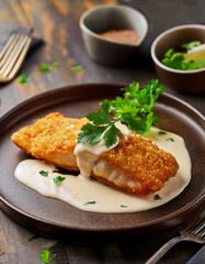 A crispy golden-brown breaded fish fillet is served on a dark plate with creamy white sauce and garnished with fresh parsley.