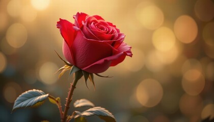 Elegant Single red rose Bud Blooming with Golden Bokeh Background for Romantic Occasions