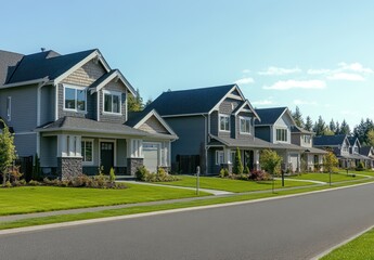 Charming suburban homes lined along a quiet street showcasing modern architecture and well-maintained lawns under a clear blue sky