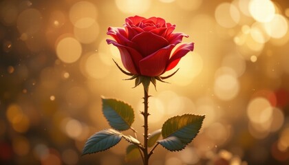 Fototapeta premium Blooming Single red rose with Golden Bokeh Background for Valentine's Day