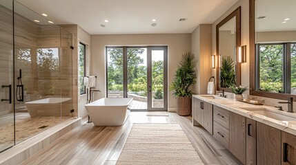 Modern Luxury Bathroom with Freestanding Bathtub, Elegant Vanities, and Natural Light in Design
