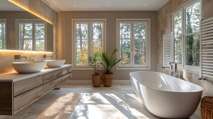 Fototapeta premium Modern Bathroom Design with Natural Light, Elegant Tub, and Stylish Fixtures in Contemporary Setting