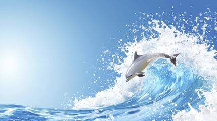 Fototapeta premium dolphin leaps gracefully above vibrant blue ocean wave, creating splashes of water under clear sky