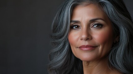 Obraz premium A woman with gray hair is smiling and looking at the camera