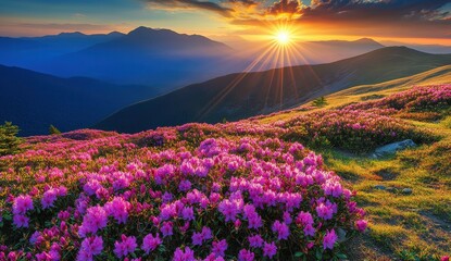 Colorful Mountain Landscape with Vibrant Pink Flowers Under a Stunning Sunrise in a Tranquil Natural Setting