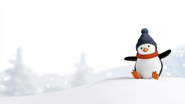 cheerful cartoon penguin wearing hat and scarf stands on snow, surrounded by winter landscape