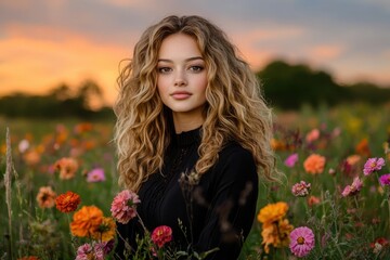 Naklejka premium Beautiful teenager posing in a field of flowers at sunset