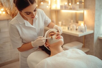 Esthetician applying a facial mask to a relaxed client in a cozy spa, creating a soothing and rejuvenating skincare experience