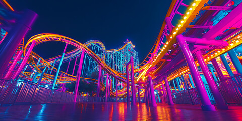 Vibrant Roller Coaster Theme Park Night with Colorful Lights for Amusement Attractions, Entertainment, or Adrenaline Adventures