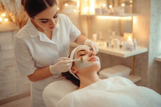 Esthetician applying a facial mask to a relaxed client in a cozy spa, creating a soothing and rejuvenating skincare experience