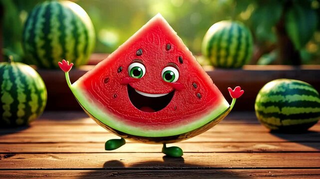 Cute watermelon slice with big eyes dancing.Cartoon style.Organic food.Healthy food.
