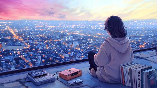Girl listening to music with city view. Seamless looping time lapse animation video background, lo-fi art.
 Dusk. Seamless looping time lapse animation video background, lo-fi art.
