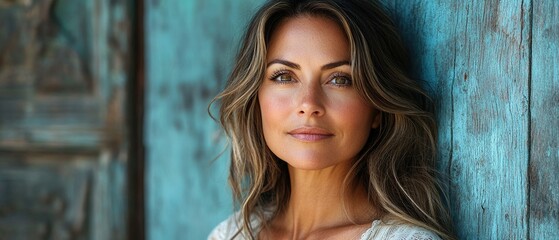 Obraz premium A woman with long brown hair and brown eyes is standing in front of a blue door