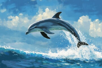 Fototapeta premium Dolphin jumping out of the water with blue sky