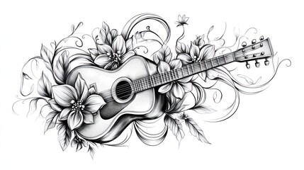 Acoustic guitar floral design, musical instrument art, white background, tattoo design