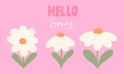 Hello spring. Floral horizontal banner with spring flowers daisy flowers