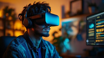 exploring virtual reality: a young man immersed in digital experience