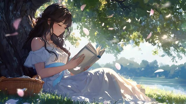 Girl reading book under tree by a lake. Seamless looping time lapse animation video background, lo-fi art.
