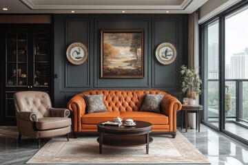 Fototapeta premium Elegant living room with a tufted orange sofa decorative plates and a scenic painting creating a sophisticated and inviting space