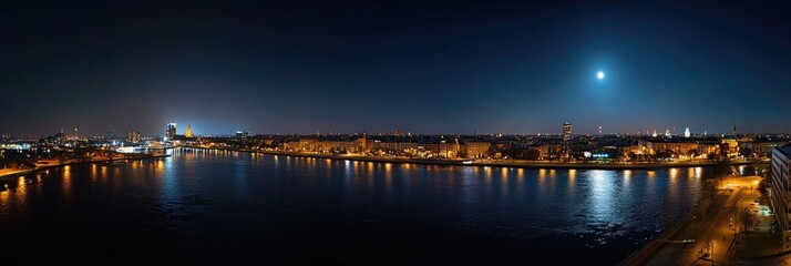 Naklejka premium Enchanting Nightscape of Warsaw Skyline, Poland: A Panoramic View Over the Vistula River