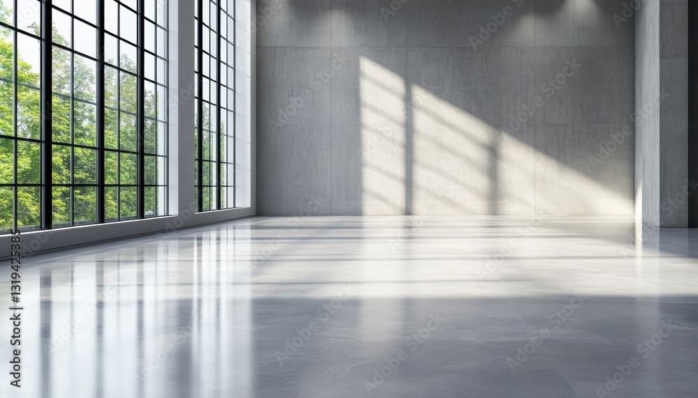 Poster A large, empty room with a window and a view of trees