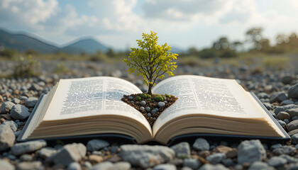 Fototapeta premium An open book reveals a serene landscape with beautiful mountains, trees, with isolated on transparents background. 