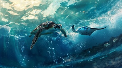 Fototapeta premium A sea turtle and a manta ray gliding together under the sparkling surface of the waves