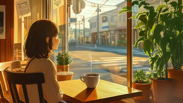 Girl Sitting in a Cafe, Enjoying a Coffee. Seamless looping time lapse animation video background, lo-fi art.

