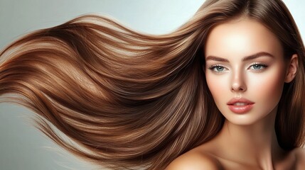 Obraz premium A woman with long brown hair is standing in front of a white background