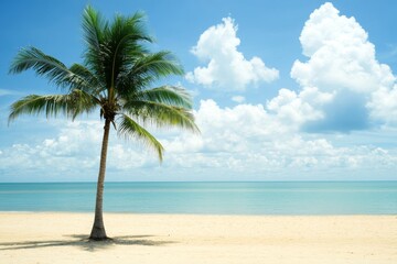 Obraz premium Serene Beach Scene with Palm Tree and Clear Blue Sky
