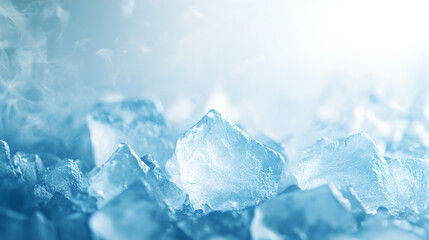 A softly blended gradient background transitioning from light blue to white and featuring ice chunks and a gentle mist of cold vapor rising.