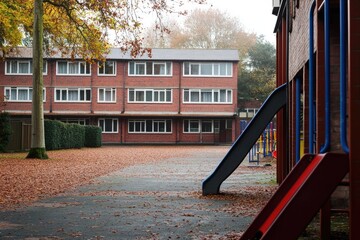 Fototapeta premium Lonely British School: A Quiet Playground Awaiting Young Learners