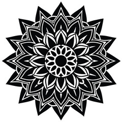 
A minimalist mandala with a central circular motif,
 surrounded by concentric layers of simplistic shapes like squares, triangles,
 and petals. The black line art is clean and bold,
 standing against