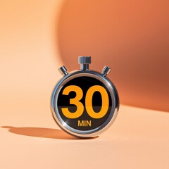 Stopwatch displaying thirty minutes on a soft orange surface, emphasizing the passage of time in a serene environment