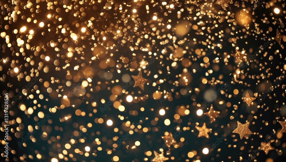 Poster sparkling golden rainbow magic stars bokeh backdrop. featuring various types of glitter and unique b