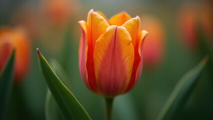 Fototapeta premium Flower Series Orange tulip featuring water droplets. A stunning flower bud amidst a softly blurred background. Close-up of the tulip. Fresh flower during winter at the flower festival.