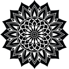 
A minimalist mandala with a central circular motif,
 surrounded by concentric layers of simplistic shapes like squares, triangles,
 and petals. The black line art is clean and bold,
 standing against