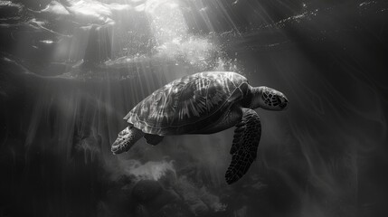 Fototapeta premium A sea turtle diving into the depths, its shell glistening in the refracted light of the waves