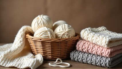 Obraz premium Knitted sweater made from yarn and knitting thread in closeup. Knitting as a pastime. Knitting accessories.