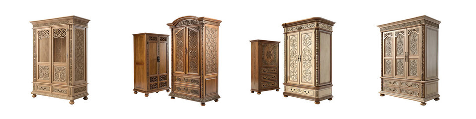 Set of wooden cabinets with exquisite carving for home interior, isolated on transparent background.