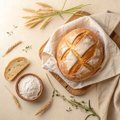 freshly baked handmade bread on the table with scattered ears