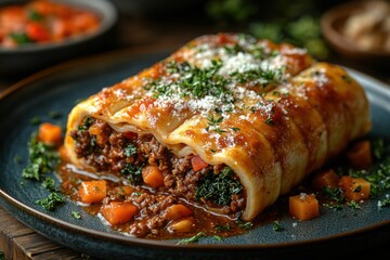 Hearty stuffed cannelloni with beef kale and squash topped with parmesan cheese and herbs Delicious and comforting dinner