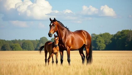 Fototapeta premium Horse Stud with her lovely foal in a field