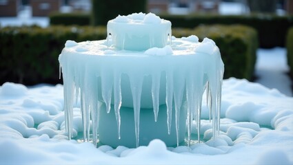 Frozen fountain in a hard freeze, with icicles dripping off. Isolated close-up.