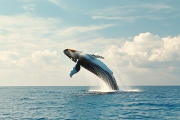 Obraz premium A whale breaching the surface of the ocean, with a splash of water and the powerful motion of its body launching into the air. 