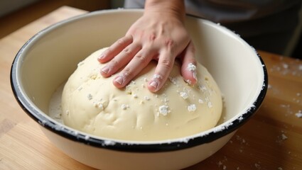 Kneading homemade yeast dough inside a bowl. Sourdough bread.